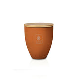 CANDLE IN PRECIOUS "COLOR" GLASS WITH WOODEN LID, VEGETAL WAX - AMBER