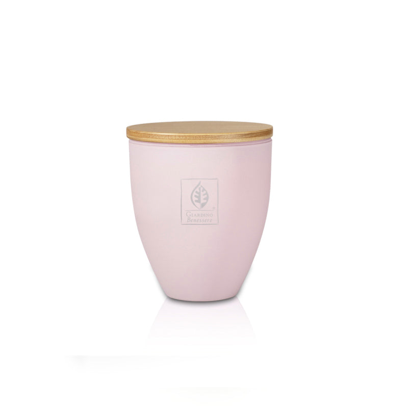 CANDLE IN PRECIOUS "COLOR" GLASS WITH WOODEN LID, VEGETAL WAX - ROSA DOROTEA